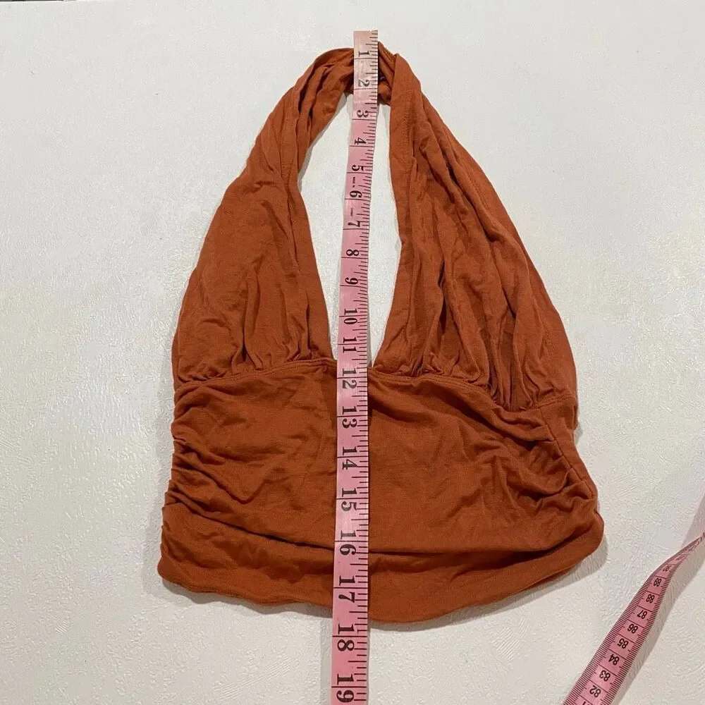 Free People FP One Rust Orange Halter Top S Plunge Ruched Y2K Boho